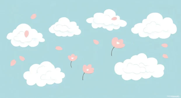 Minimal pastel spring sky with fluffy white clouds and a few petals floating gently through the air.