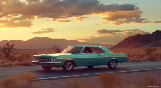 Muscle car parked on a desert highway.