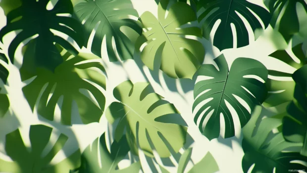 Overlapping tropical monstera leaves in rich green hues, set against a clean white background, subtle shadows.