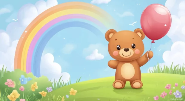 Pink Kawaii wallpaper with an adorable bear holding a balloon, standing on a hill with a rainbow in the background.