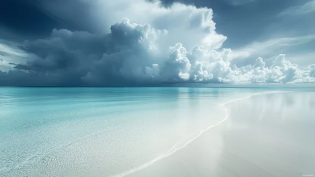 Rain 4K desktop wallpaper with tropical rainstorm over a beach with dramatic gray clouds, raindrops hitting the surface of the calm ocean, faint reflections of light on the wet sand.