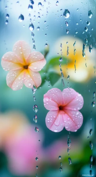 Rain 4K iPhone wallpaper with raindrops sliding down a foggy glass window with a soft view of a blooming flower garden in the background.