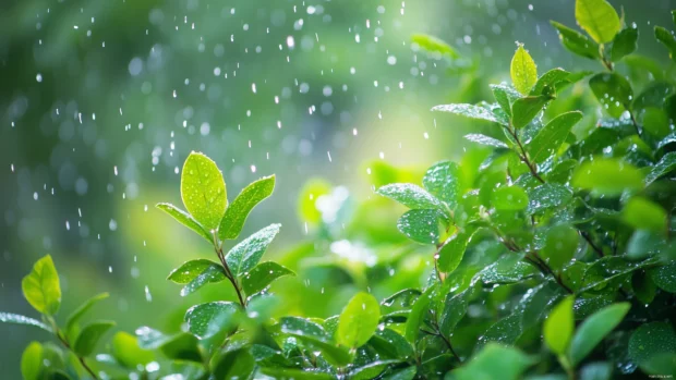 Rain 4K wallpaper for PC with rainstorm in the middle of a dense rainforest, thick foliage covered in water droplets, vibrant green leaves reflecting natural light.