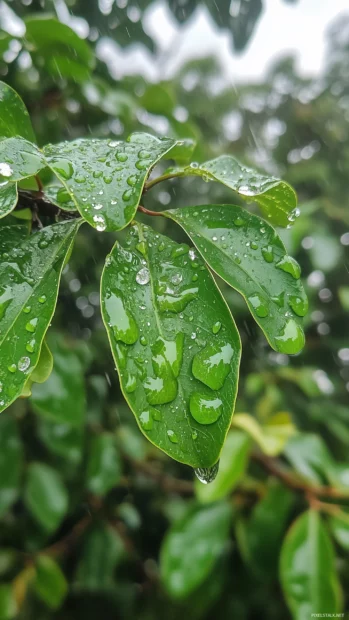 Rain 4K wallpaper with close up of raindrops on a vibrant green leaf, crystal clear water droplets reflecting light, natural beauty.