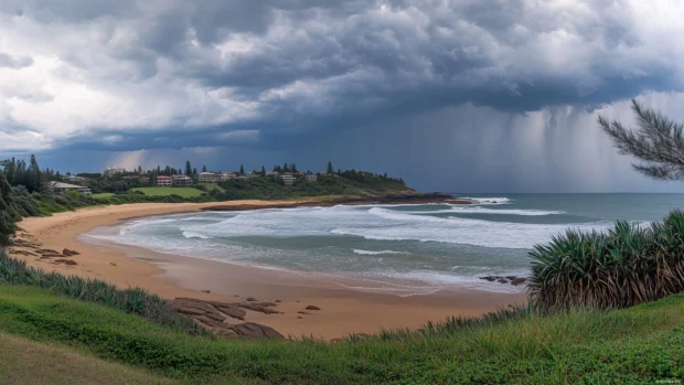 Rain 4K wallpaper with dark stormy clouds with heavy rain falling over the ocean, dramatic waves crashing against the shore.