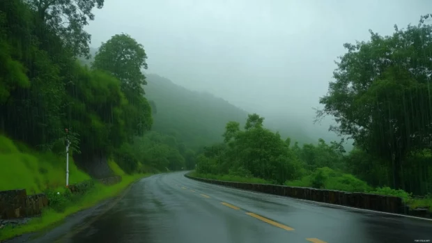 Rain 4K wallpaper with heavy downpour on a mountain road surrounded by lush greenery.