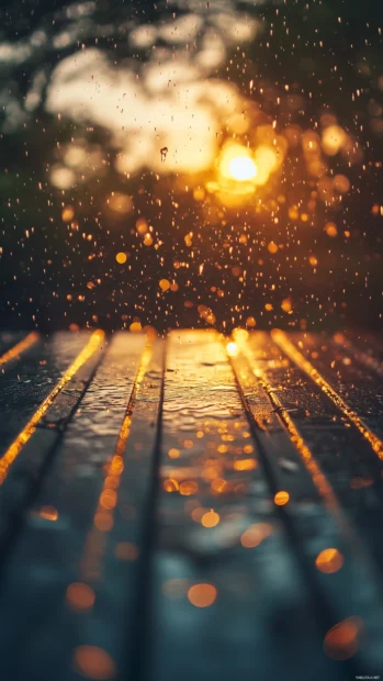 Rain 4K wallpaper with heavy rain splashing on a metallic rooftop at sunset.