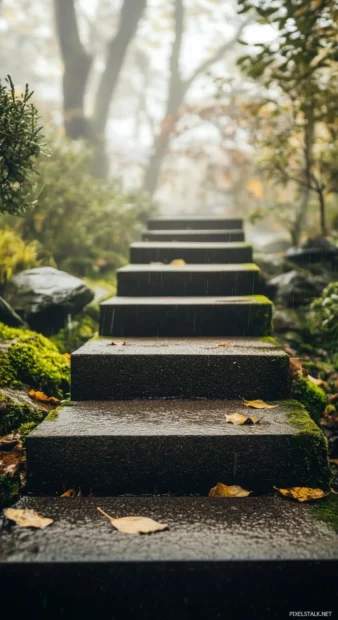 Rain 4K wallpaper with rain pouring on a quiet forest path, water droplets on mossy rocks and leaves, natural earthy tones, misty fog.