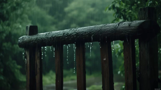 Rain cascading down a rustic wooden fence with droplets hanging from the edges.