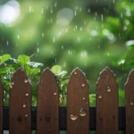 Rain cascading down a rustic wooden fence with droplets hanging from the edges, blurred natural greenery in the background, soft natural lighting.