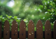 Rain cascading down a rustic wooden fence with droplets hanging from the edges, blurred natural greenery in the background, soft natural lighting.