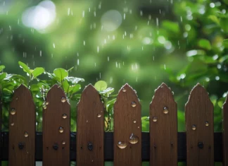 Rain cascading down a rustic wooden fence with droplets hanging from the edges, blurred natural greenery in the background, soft natural lighting.