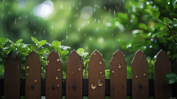 Rain cascading down a rustic wooden fence with droplets hanging from the edges, blurred natural greenery in the background, soft natural lighting.