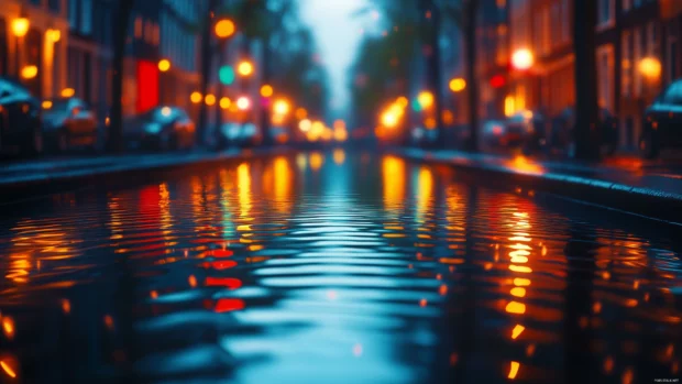 Rain falling on a calm city canal at dusk.