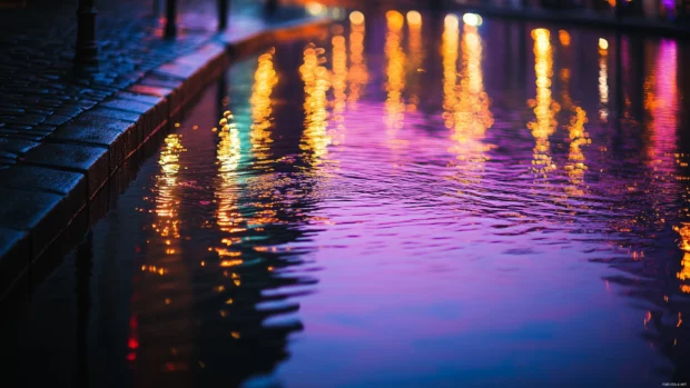 Rain falling on a calm city canal at dusk, water reflecting colorful lights from nearby buildings and streetlamps, ripples gently spreading across the surface.