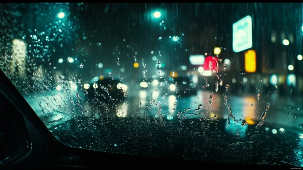 Rain falling on a car windshield at night, water droplets sliding down the glass.