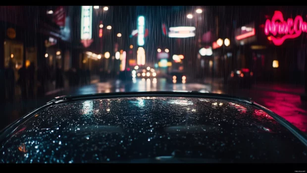 Rain falling on a car windshield at night, water droplets sliding down the glass, glowing streetlights and neon signs blurred in the background.