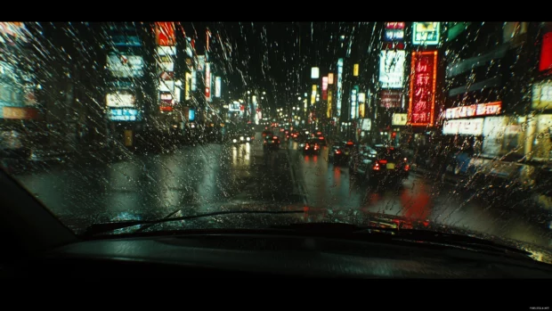 Rain falling on a car windshield at night, water droplets sliding down the glass, glowing streetlights and neon signs blurred in the background.