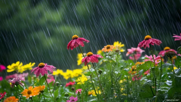 Rain falling on a colorful flower garden.