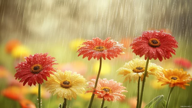 Rain falling on a colorful flower garden with petals coated in fresh raindrops.