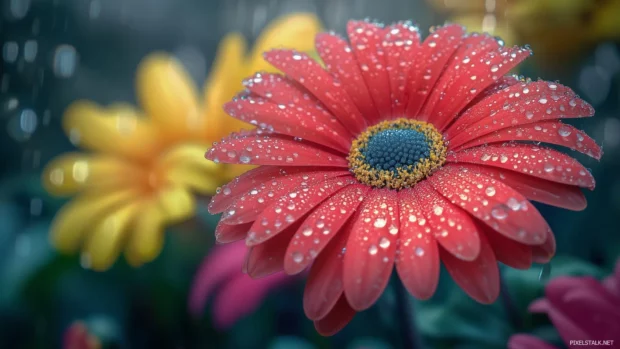 Rain falling on a colorful flower garden with petals coated in fresh raindrops, vibrant flowers in red, yellow, and pink hues, fresh.