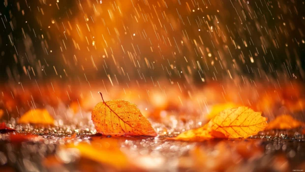 Rain falling on vibrant autumn leaves scattered on the ground.