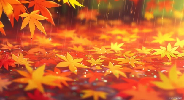 Rain falling on vibrant autumn leaves scattered on the ground.