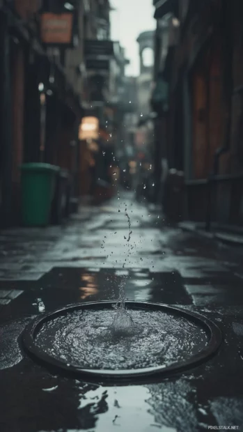 Rain hitting a puddle on an empty street, close up shot capturing the splash of water droplets mid air, gray and muted tones.