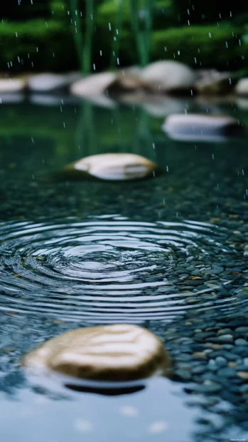 Rain hitting a still water pond in the middle of a Zen garden, Rain 4K wallpaper for iPhone.