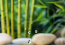 Rain hitting a still water pond in the middle of a Zen garden, soft ripples expanding on the surface, smooth pebbles and green bamboo in the background.