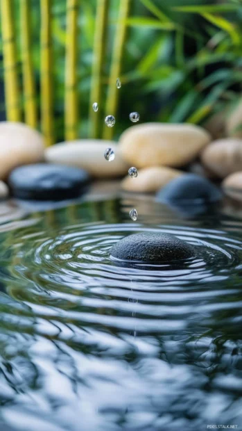 Rain hitting a still water pond in the middle of a Zen garden, soft ripples expanding on the surface, smooth pebbles and green bamboo in the background.