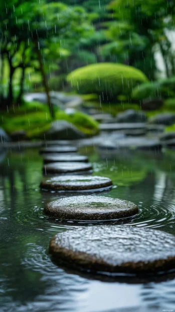 Rain hitting a still water pond in the middle of a Zen garden, soft ripples expanding on the surface, smooth pebbles and green bamboo in the background.