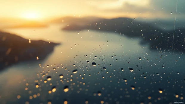 Rain on Glass HD wallpaper with Close up of raindrops on a windowpane with a blurred scenic landscape in the background.