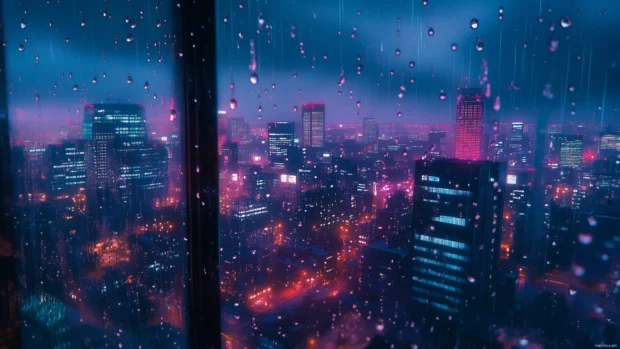 Rain on Glass wallpaper with Close up of raindrops on a window with an anime city view in the background, soft pastel tones of pink, blue, and purple.