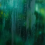 Rain on Glass wallpaper with Raindrops trickling down a clear glass window with a blurred view of a lush green forest in the background.