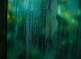 Rain on Glass wallpaper with Raindrops trickling down a clear glass window with a blurred view of a lush green forest in the background.