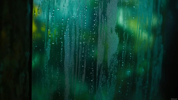 Rain on Glass wallpaper with Raindrops trickling down a clear glass window with a blurred view of a lush green forest in the background.