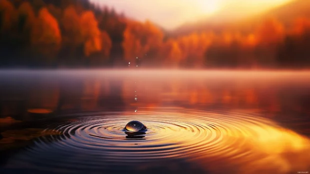 Rain on a tranquil lake surface at sunset, rippling water reflecting warm golden and pink hues of the sky, soft mist rising from the water.