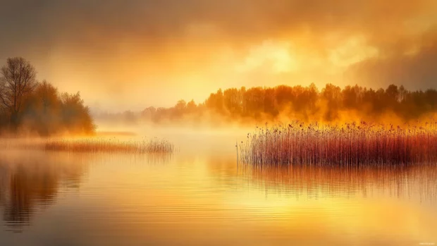 Rain on a tranquil lake surface at sunset, rippling water reflecting warm golden and pink hues of the sky, soft mist rising from the water.