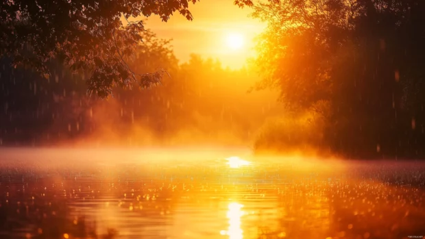 Rain on a tranquil lake surface at sunset, rippling water reflecting warm golden and pink hues of the sky, soft mist rising from the water.