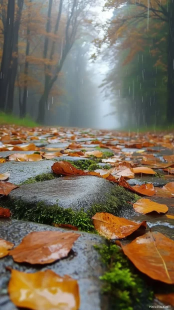 Rain pouring on a quiet forest path, water droplets on mossy rocks and leaves, natural earthy tones, misty fog creeping through the dense trees.