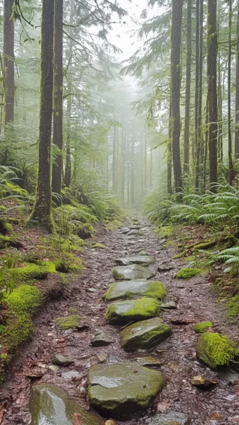 Rain pouring on a quiet forest path, water droplets on mossy rocks and leaves, natural earthy tones, misty fog creeping through the dense trees.