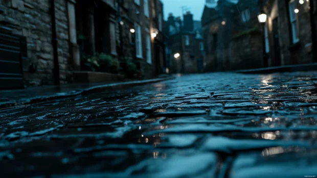 Rain pouring over a quiet cobblestone street at night, reflecting the soft glow of streetlights, glossy wet stones shimmering.