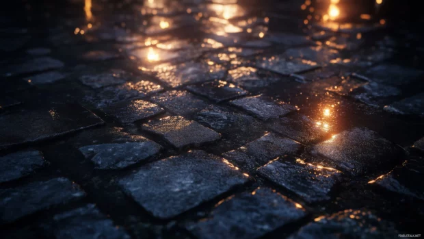 Rain pouring over a quiet cobblestone street at night, reflecting the soft glow of streetlights, glossy wet stones shimmering.