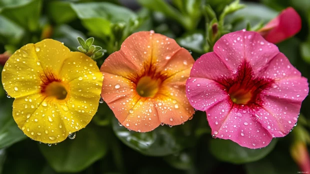 Rain soaked garden flowers in bloom, vibrant petals covered with fresh water droplets.