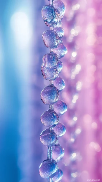 Raindrops cascading down a foggy glass window with a soft, blurred view of neon city lights.