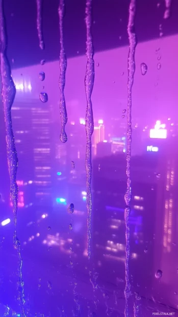 Raindrops cascading down a foggy glass window with a soft, blurred view of neon city lights in the background.