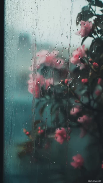 Raindrops sliding down a foggy glass window with a soft view of a blooming flower garden in the background.