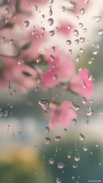 Raindrops sliding down a foggy glass window with a soft view of a blooming flower garden in the background, pastel colors blurred by the rain.