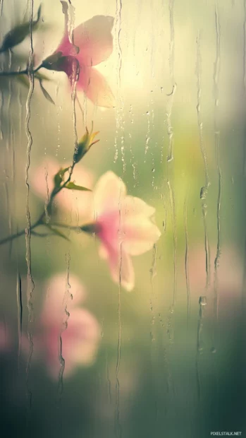 Raindrops sliding down a foggy glass window with a soft view of a blooming flower garden in the background, pastel colors blurred by the rain, tranquil and dreamy mood.